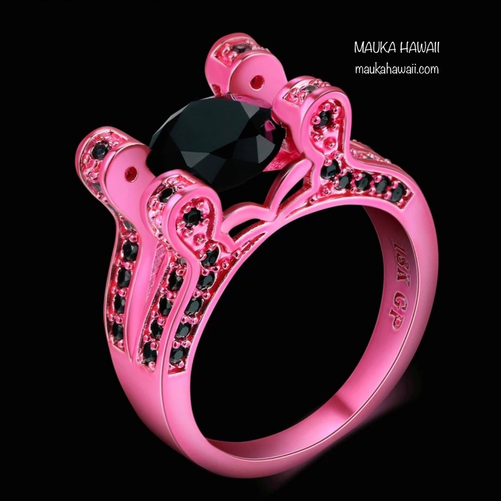 Pink & Black Cubic Zirconia Modern Retro New Vintage Rhodium Plated Ring Size 7